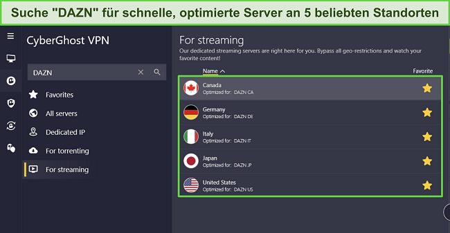 Screenshot der CyberGhost Windows-App, der die 5 f&uuml;r DAZN optimierten Serverstandorte hervorhebt