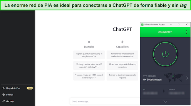 Captura de pantalla de PIA conectado a un servidor del Reino Unido con ChatGPT disponible en una p&aacute;gina web.