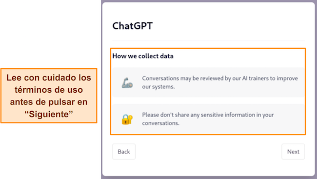 Imagen de los t&eacute;rminos de uso de ChatGPT, que muestra al usuario c&oacute;mo se recopilan los datos cuando usa el servicio.
