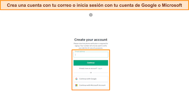 Imagen de la p&aacute;gina de registro de una nueva cuenta de ChatGPT que muestra las opciones para crear una nueva cuenta.