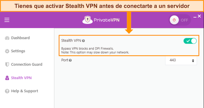 Captura de pantalla de la aplicaci&oacute;n de Windows de PrivateVPN, que muestra la opci&oacute;n Stealth VPN y c&oacute;mo activarla y desactivarla