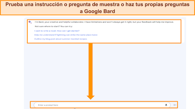 captura de pantalla de Google Bard, con indicaciones de ejemplo resaltadas, as&iacute; como el cuadro "Ingresar indicaci&oacute;n aqu&iacute;"