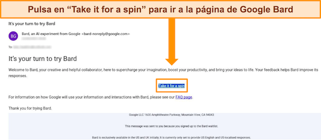 Imagen del correo electr&oacute;nico de confirmaci&oacute;n de Google Bard que indica que el usuario ahora puede acceder a Bard