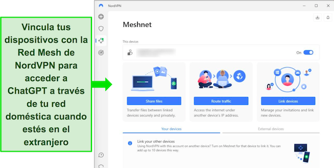 Captura de pantalla de la aplicaci&oacute;n de Windows de NordVPN con la funci&oacute;n Meshnet visible.