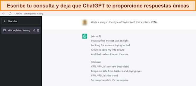 Imagen de ChatGPT respondiendo a un aviso sobre la creaci&oacute;n de una canci&oacute;n al estilo de Taylor Swift describiendo las VPN.
