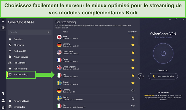 Capture d'&eacute;cran de l'application Windows de CyberGhost montrant les serveurs optimis&eacute;s 