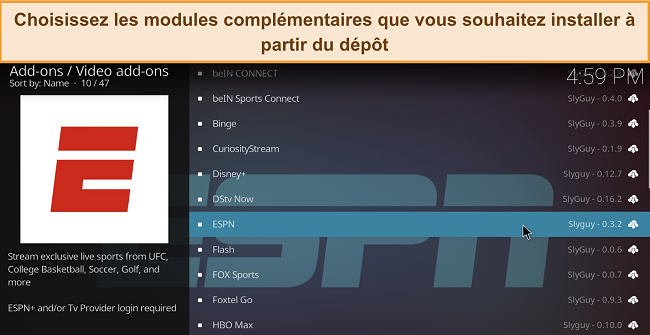 Capture d'&eacute;cran du d&eacute;p&ocirc;t Slyguy ouvert, montrant la liste des nouvelles extensions disponibles &agrave; installer.