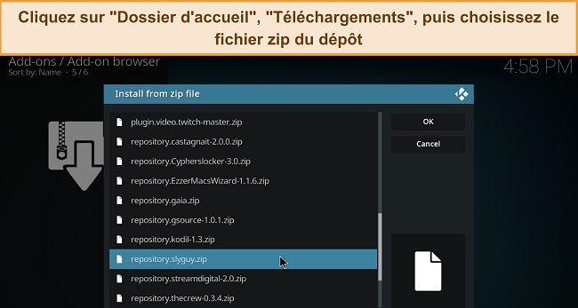 Capture d'&eacute;cran du menu d'installation &agrave; partir du fichier zip de Kodi, avec un fichier zip de d&eacute;p&ocirc;t t&eacute;l&eacute;charg&eacute; mis en &eacute;vidence.