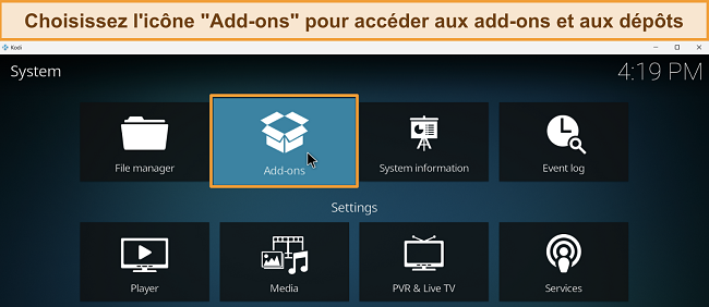 Capture d'&eacute;cran du menu des param&egrave;tres de Kodi avec l'option Extensions mise en &eacute;vidence.