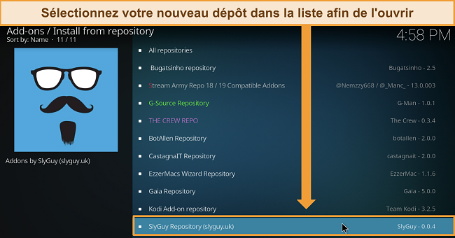 Capture d'&eacute;cran de la liste des d&eacute;p&ocirc;ts t&eacute;l&eacute;charg&eacute;s de Kodi, mettant en &eacute;vidence le d&eacute;p&ocirc;t Slyguy.