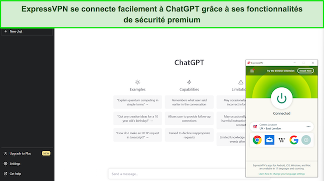 Image d'ExpressVPN connect&eacute; &agrave; un serveur britannique, avec ChatGPT ouvert et disponible.