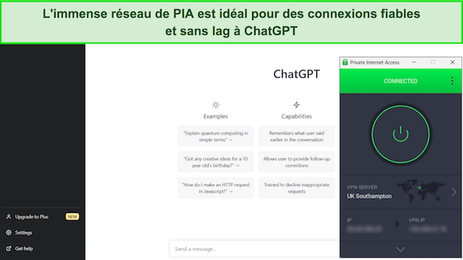 Capture d'&eacute;cran de PIA connect&eacute; &agrave; un serveur britannique avec ChatGPT disponible sur une page Web.