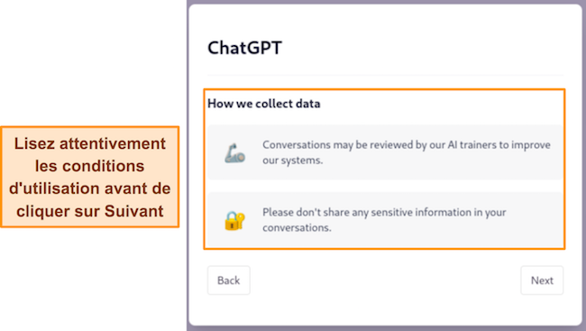 Image des conditions d'utilisation de ChatGPT, montrant &agrave; l'utilisateur comment les donn&eacute;es sont collect&eacute;es lors de l'utilisation du service.