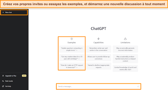 Image de l'interface de ChatGPT, avec New Chat, des exemples d'invites et une bo&icirc;te de message en surbrillance.