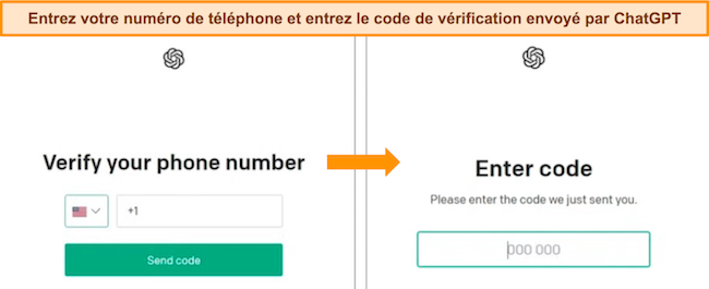 Captures d'&eacute;cran des &eacute;crans de saisie du num&eacute;ro de t&eacute;l&eacute;phone et de v&eacute;rification du code de ChatGPT.