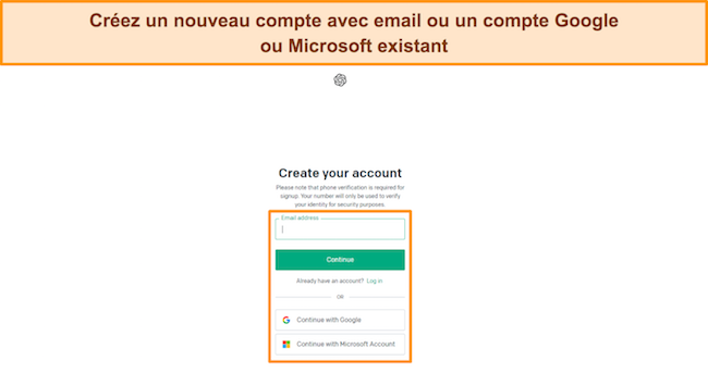 Image de la page d'inscription d'un nouveau compte ChatGPT montrant les options de cr&eacute;ation d'un nouveau compte.