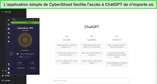 Image de CyberGhost connect&eacute; &agrave; un serveur Royaume-Uni - Londres, avec ChatGPT ouvert en arri&egrave;re-plan.