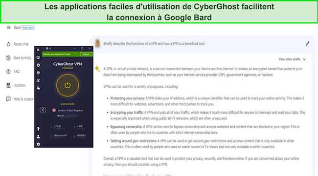 Image de Google Bard r&eacute;pondant &agrave; une invite sur les VPN, avec CyberGhost connect&eacute; &agrave; un serveur britannique
