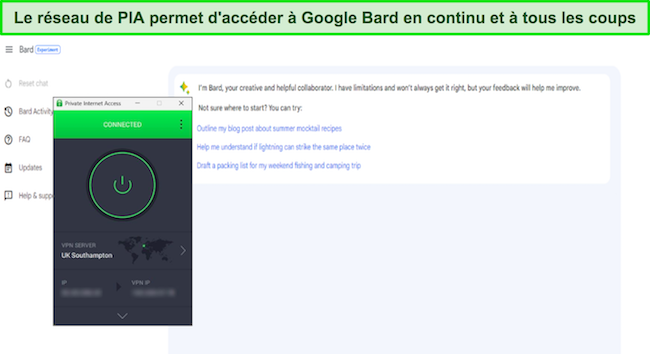 Image de Google Bard ouvert, avec PIA connect&eacute; &agrave; un serveur Royaume-Uni - Southampton