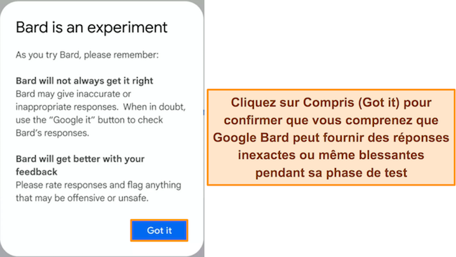 Image de l'avertissement de Google Bard indiquant que le service est exp&eacute;rimental et peut g&eacute;n&eacute;rer des r&eacute;ponses incorrectes ou offensantes