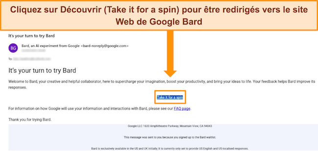 Image de l'e-mail de confirmation de Google Bard indiquant que l'utilisateur peut d&eacute;sormais acc&eacute;der &agrave; Bard