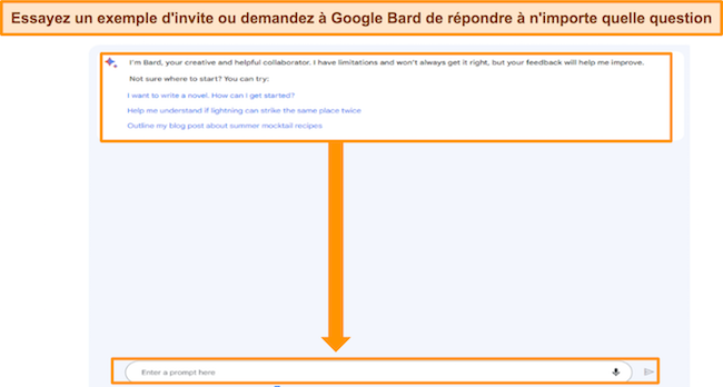 capture d'&eacute;cran de Google Bard, avec des exemples d'invites en surbrillance, ainsi que la case 