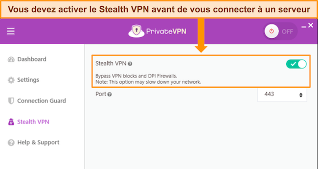 Capture d'&eacute;cran de l'application Windows de PrivateVPN, montrant l'option Stealth VPN et comment l'activer et la d&eacute;sactiver