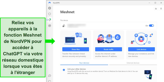 Capture d'&eacute;cran de l'application Windows de NordVPN avec la fonctionnalit&eacute; Meshnet visible.