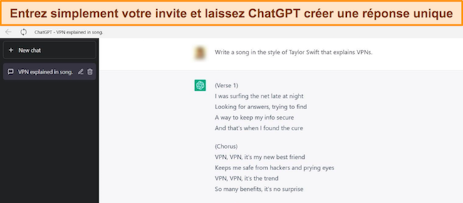 Image de ChatGPT r&eacute;pondant &agrave; une invite sur la cr&eacute;ation d'une chanson dans le style de Taylor Swift d&eacute;crivant les VPN.