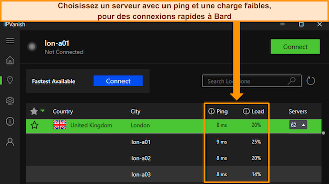 Image de l'application Windows d'IPVanish, montrant le ping et la charge utilisateur pour les serveurs individuels Royaume-Uni - Londres