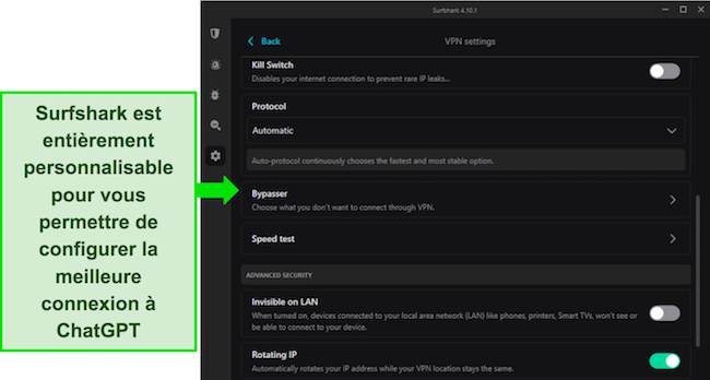 Capture d'&eacute;cran de l'application Windows de Surfshark, montrant les options de param&egrave;tres VPN.