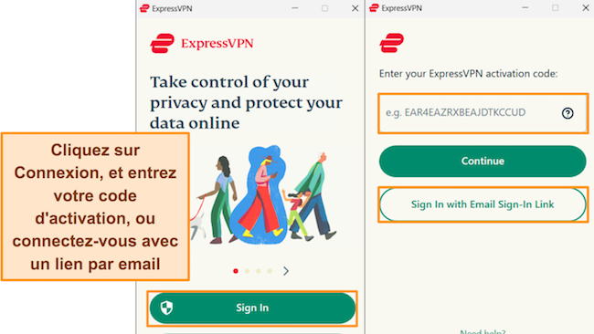 Captures d'&eacute;cran du processus de connexion d'ExpressVPN sous Windows