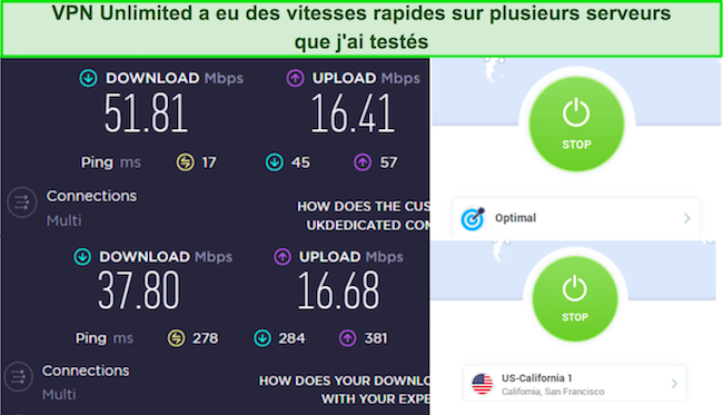 Capture d'&eacute;cran des tests de vitesse VPN Unlimited sur des serveurs aux &Eacute;tats-Unis et au Royaume-Uni