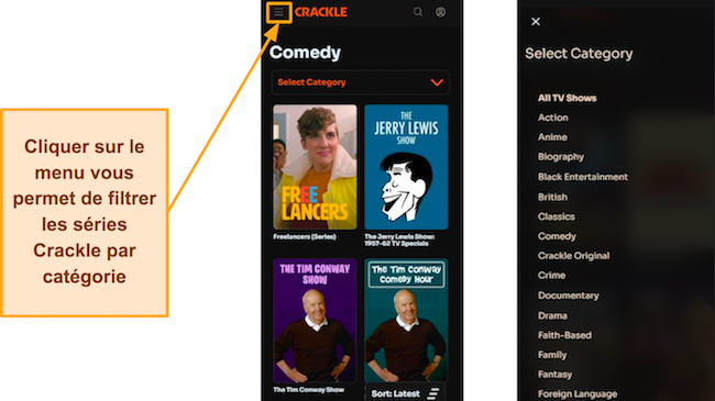 Une capture d'&eacute;cran de l'interface iOS de Crackle et une capture d'&eacute;cran de la s&eacute;lection de cat&eacute;gorie