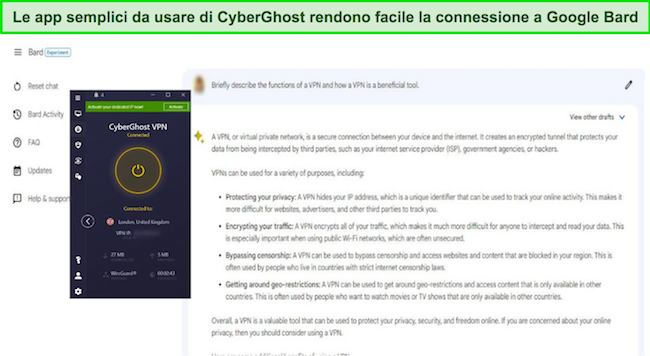 Immagine di Google Bard che risponde a una richiesta sulle VPN, con CyberGhost connesso a un server del Regno Unito
