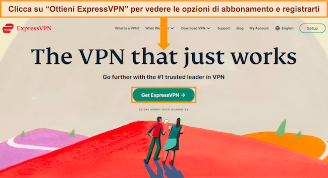 Screenshot della pagina Web di ExpressVPN, che evidenzia il pulsante "Ottieni ExpressVPN".