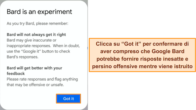 Immagine dell'avviso di Google Bard che indica che il servizio &egrave; sperimentale e potrebbe generare risposte errate o offensive