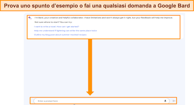 screenshot di Google Bard, con i prompt di esempio evidenziati, nonch&eacute; la casella "Inserisci il prompt qui".