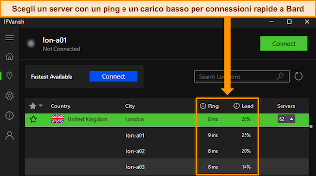 Immagine dell'app Windows di IPVanish, che mostra il ping e il carico utente per i singoli server UK - Londra