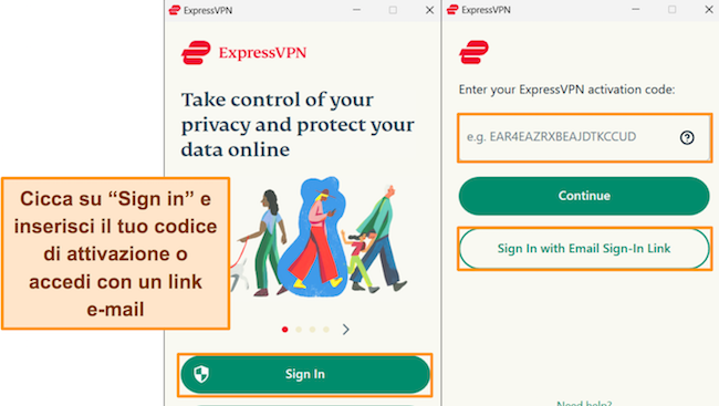 Screenshot del processo di accesso di ExpressVPN su Windows