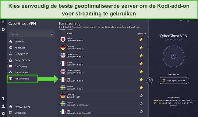 Screenshot van de CyberGhost Windows-app waarin de geoptimaliseerde servers "Voor streaming" worden getoond.