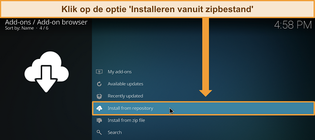 Screenshot van de Kodi add-ons instellingenpagina met "Install from repository" gemarkeerd.