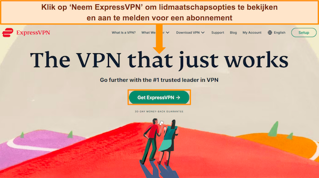 Screenshot van de webpagina van ExpressVPN, met de knop "ExpressVPN ophalen".