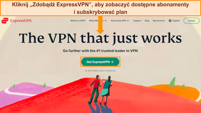Zrzut ekranu strony internetowej ExpressVPN z zaznaczonym przyciskiem &bdquo;Pobierz ExpressVPN&rdquo;.