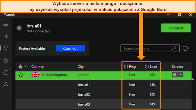 Obraz aplikacji Windows IPVanish, pokazujący ping i obciążenie użytkownik&oacute;w dla poszczeg&oacute;lnych serwer&oacute;w w Wielkiej Brytanii i Londynie