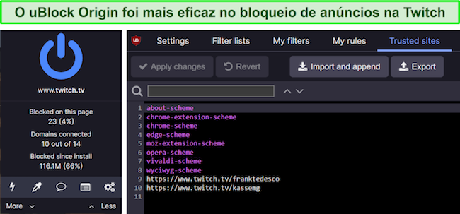Captura de tela da taxa de bloqueio Twitch.tv do uBlock Origin e configura&ccedil;&otilde;es de lista branca relacionadas ao Twitch.