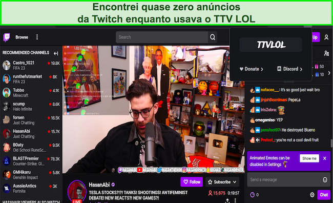 Captura de tela da extens&atilde;o do navegador TTV LOL bloqueando an&uacute;ncios no Twitch
