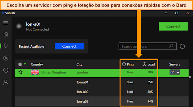 Imagem do aplicativo Windows do IPVanish, mostrando o ping e a carga do usu&aacute;rio para servidores individuais do Reino Unido - Londres