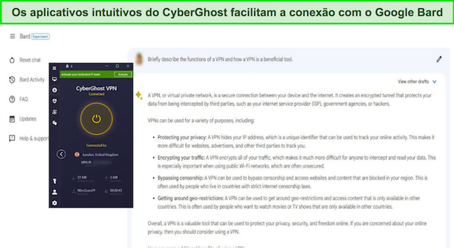 Imagem do Google Bard respondendo a uma solicita&ccedil;&atilde;o sobre VPNs, com o CyberGhost conectado a um servidor do Reino Unido