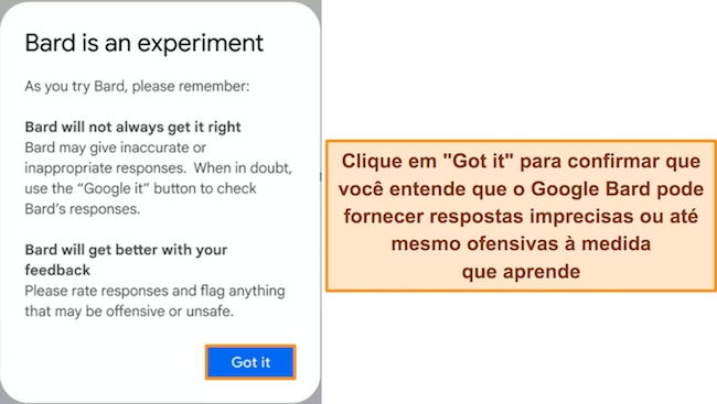 Imagem do aviso de aviso do Google Bard de que o servi&ccedil;o &eacute; experimental e pode gerar respostas incorretas ou ofensivas